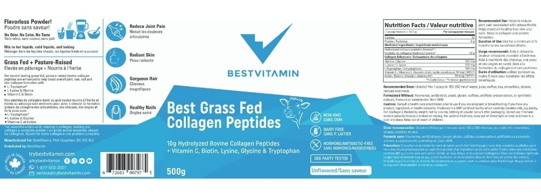 BestVitamin Best Grass Fed Collagen Peptides, 100% Pure & Flavourless Powder, 500g - Image 4