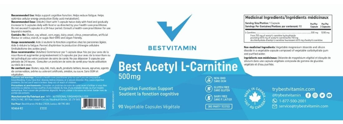BestVitamin Best Acetyl L-Carnitine 500mg, Active carnitine, Cognitive function cofactor, 90 Vegetable Capsules - Image 4