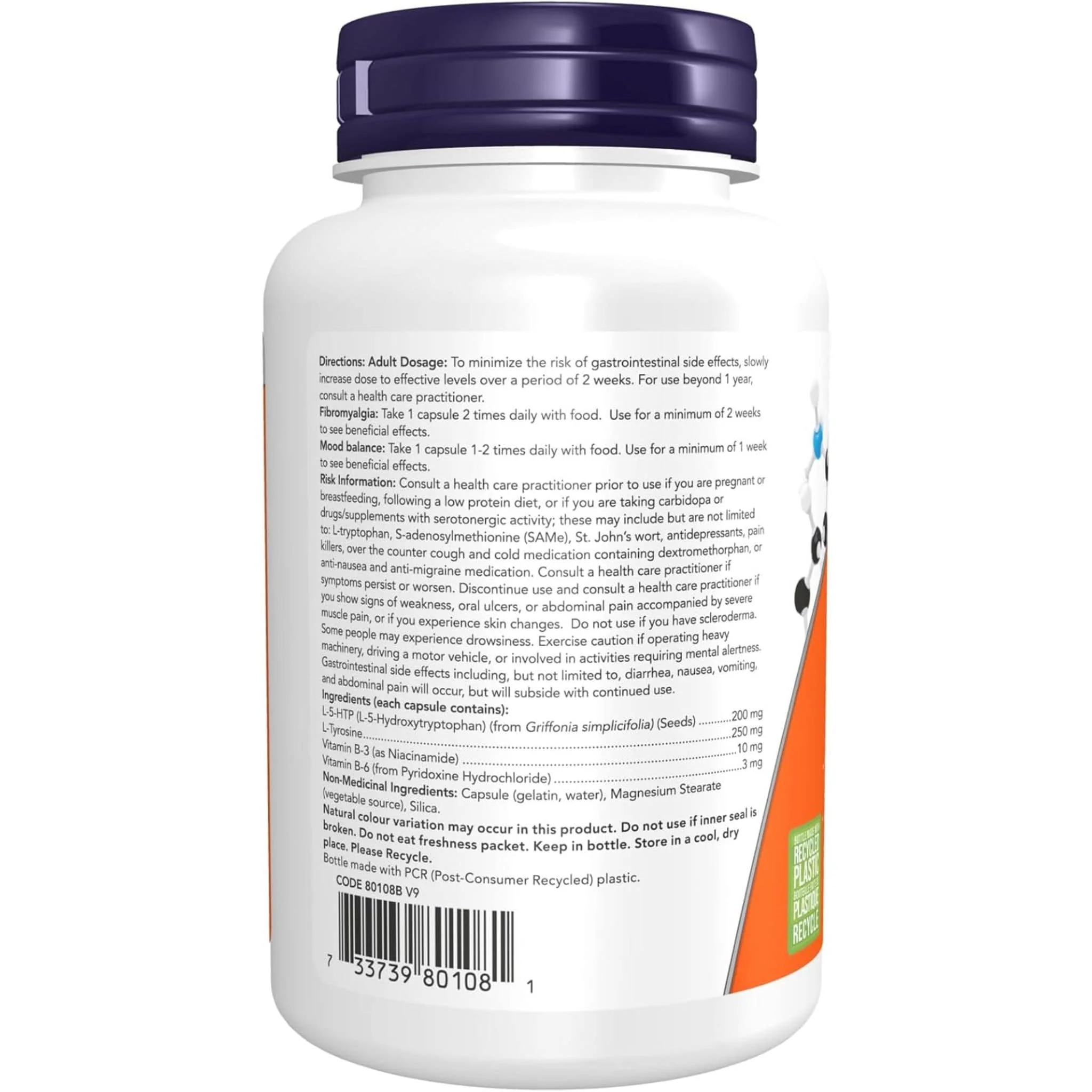 NOW 5-HTP 200mg plus L-Tyrosine, 60 Capsules - Image 3