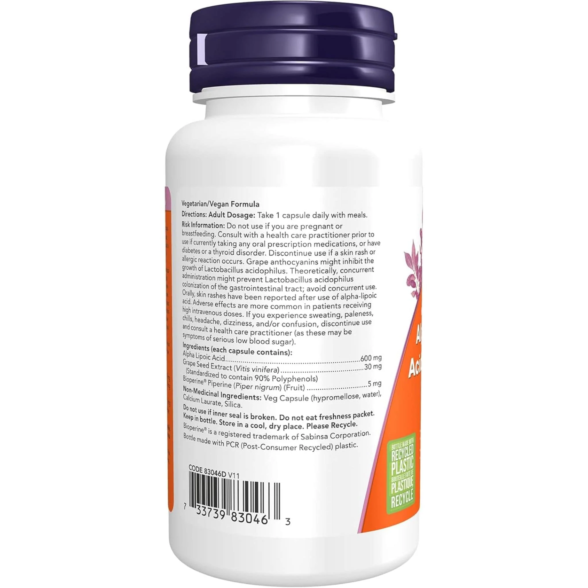 NOW Alpha Lipoic Acid 600mg Extra Strength. With Grape Seed Extract and Bioperine, 60 Vegetable Capsules - Image 3