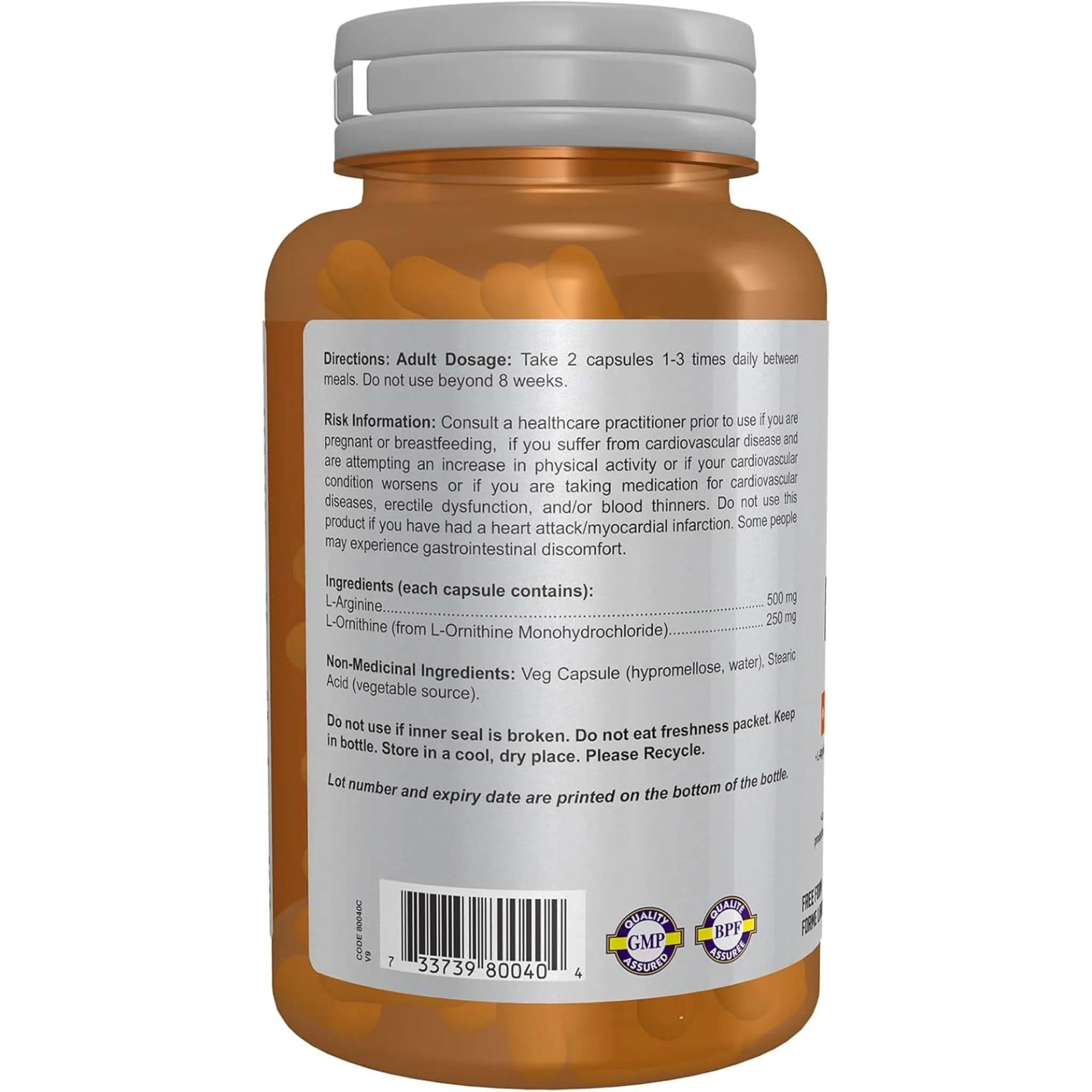NOW L-Arginine & L-Ornithine, 500mg/250mg, 100 Capsules - Image 3