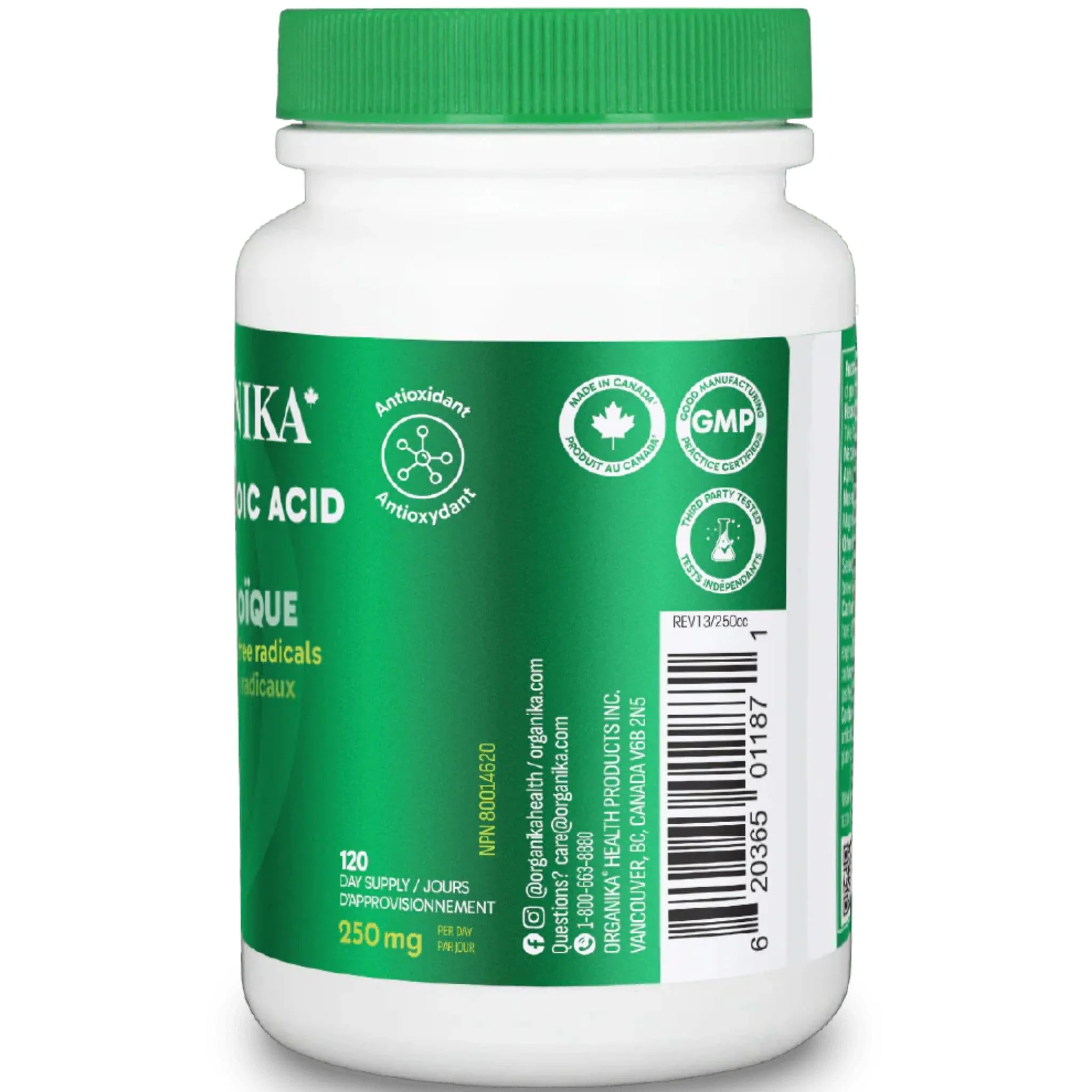 Organika Alpha Lipoic Acid, High Potency ALA 250mg, 120 Capsules - Image 3