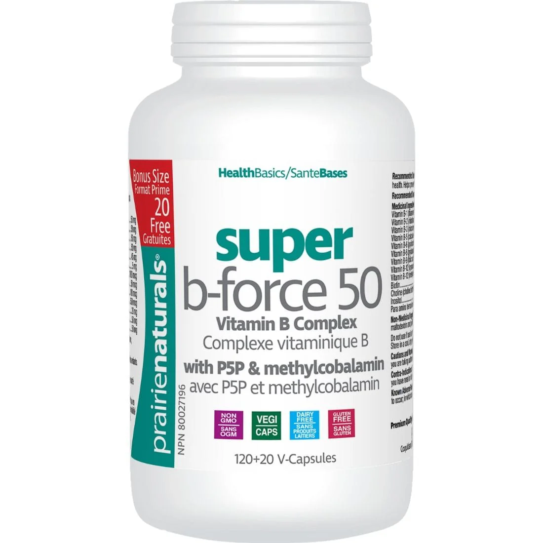 Prairie Naturals Super B-Force 50 with P5P & B12 Methylcobalamin, 140 Capsules BONUS SIZE - Image 3